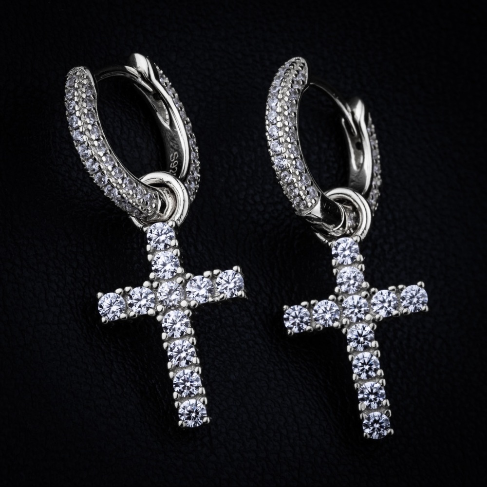 .925 Silver Iced Cross Earrings.